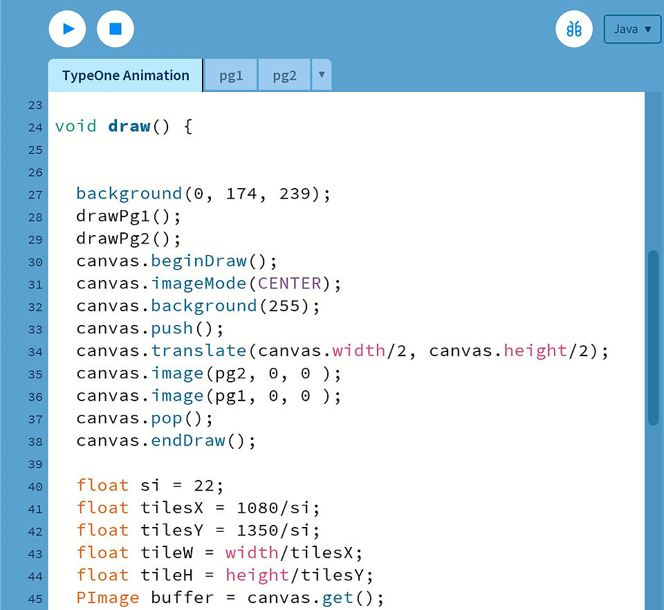 TypeOne Animation code: background, draw, image functions, and float variables for tile size calculations