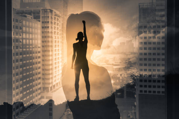 Silhouette of super strong successful businesswoman.
