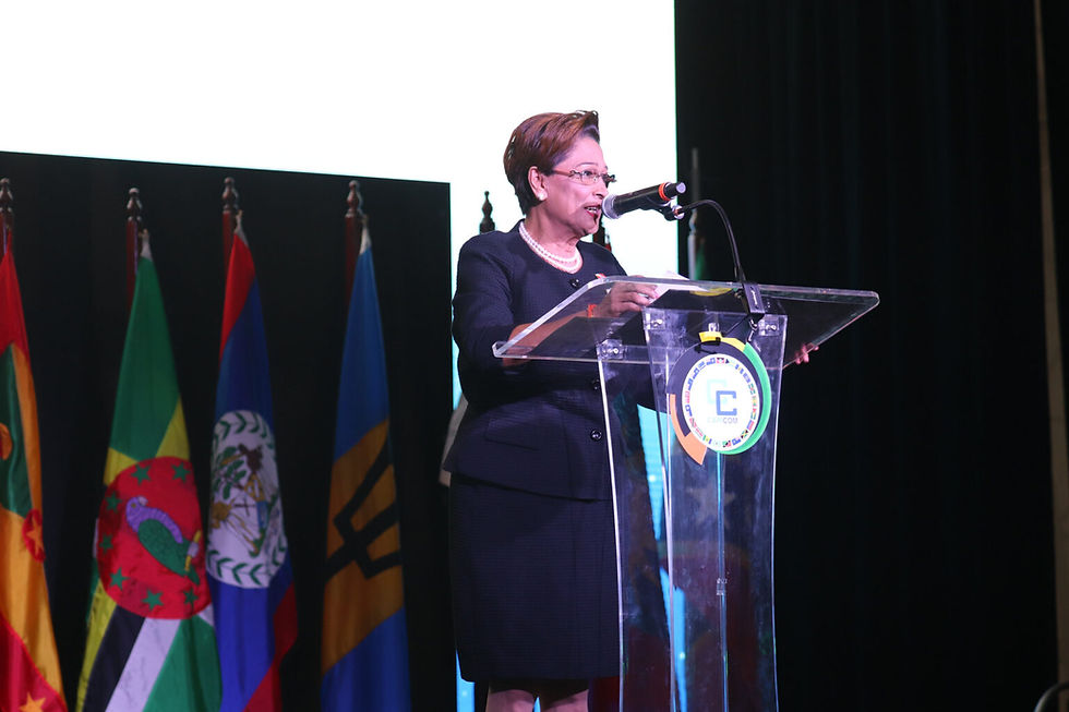 Trinidad and Tobago Prime Minister Hon. Kamla Persad-Bissessar speaks to the 50th Regular Meeting of the Conference of Heads of Government of the CARICOM in St. Kitts and Nevis on 24 February 2025.