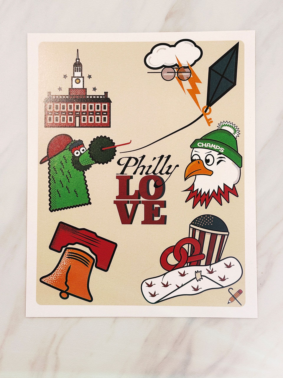 Print with many representations of Philly