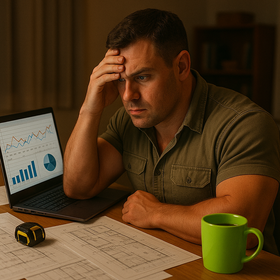 Mid‑30s kitchen and bathroom remodeler overwhelmed by marketing analytics at a cluttered desk with blueprints and tape measure