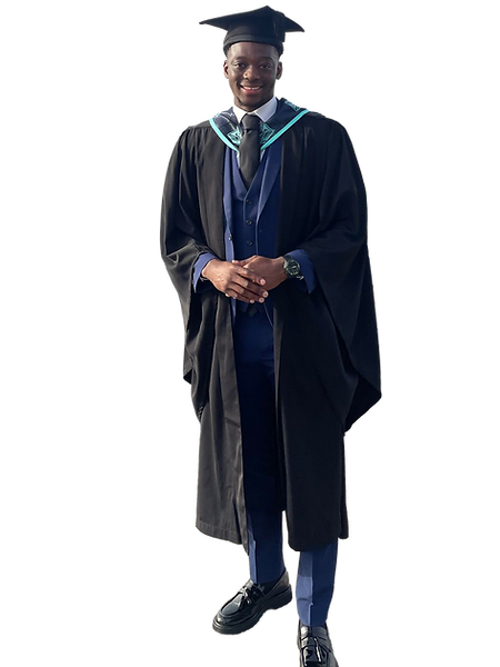 Daniel Jinadu proudly in a graduation gown after earning a First Class BSc Hons in Psychology, transparent background