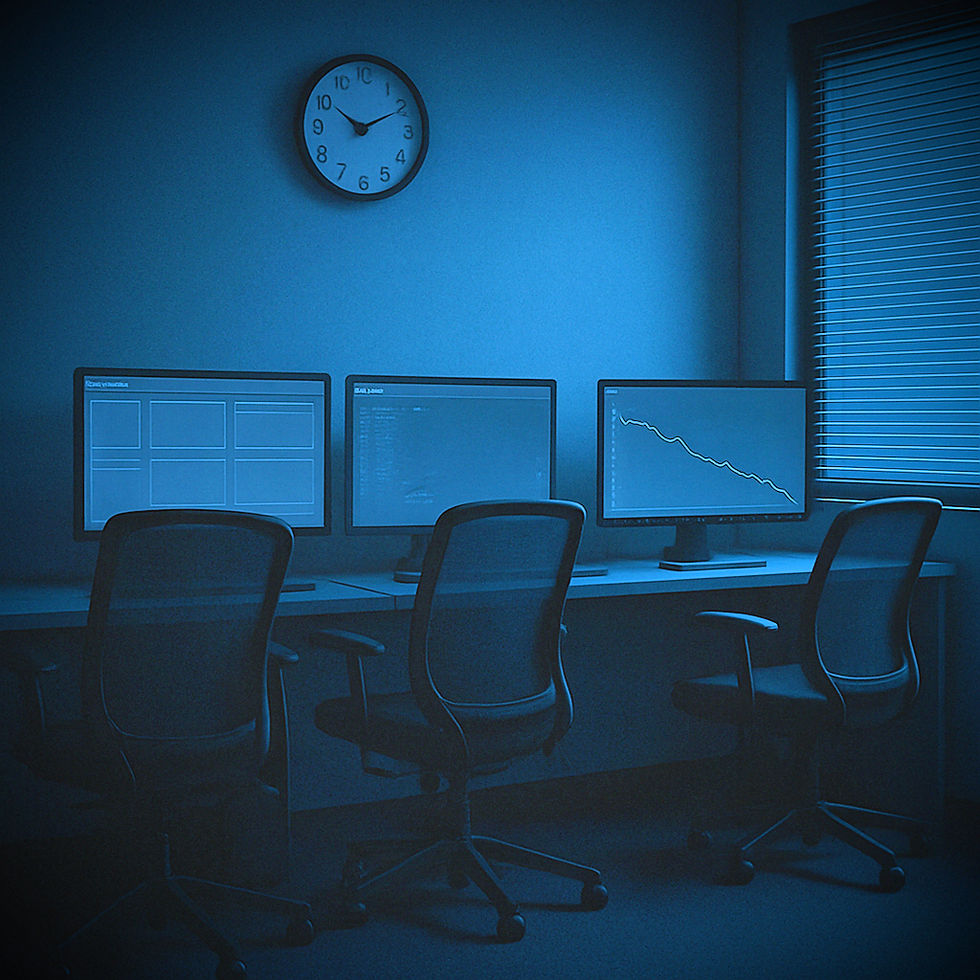 Empty office after hours with dark computer screens showing blank dashboards and declining charts, symbolizing a lead drought