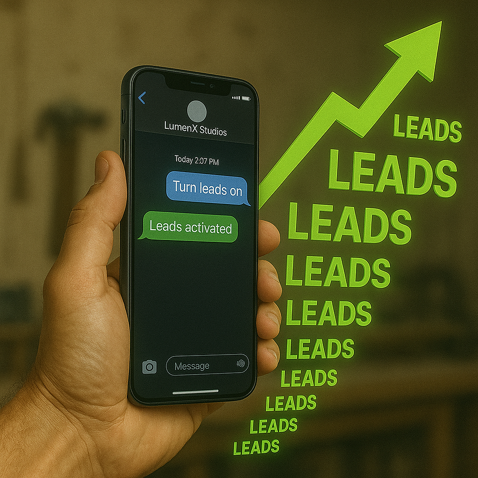 Smartphone held by a remodeler showing “Turn leads on” text, with digital lead icons flowing out notifications mimicing a positive economic growth chart