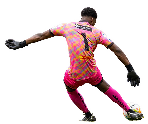 Daniel Jinadu from the back, in a bright pink football outfit, ready to strike the ball from the penalty area during a match, demonstrating his skill and focus, outlined by a white line on a transparent background