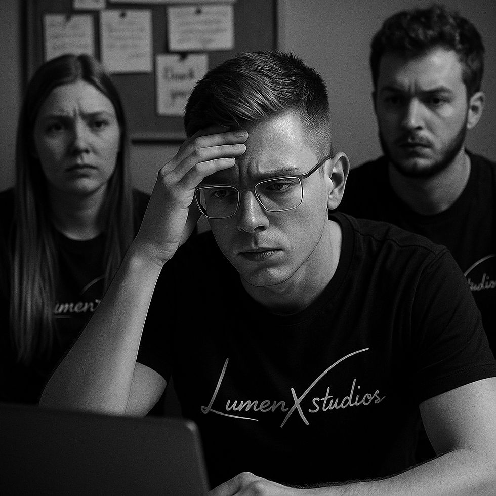 LumenX Studios owner leaning forward stressed, explaining a sudden lead shortage to concerned team members in an office