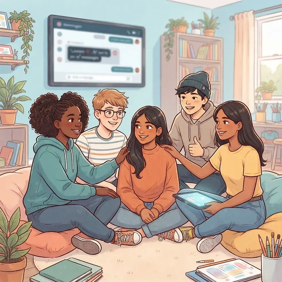 Digital illustration of five diverse young friends sitting on cushions, looking at a tablet. The image captures a supportive and collaborative atmosphere in a casual indoor setting.