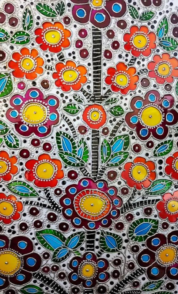 Miniature : Peinture sur verre avec des fleurs rouges et violettes