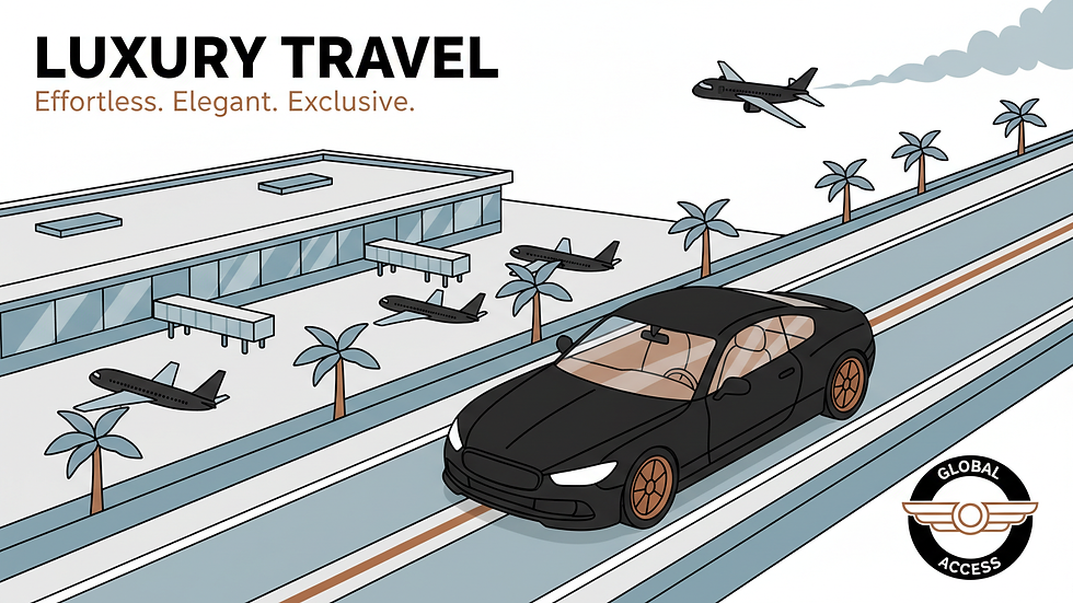 High angle view of a luxury car driving on a highway near an airport