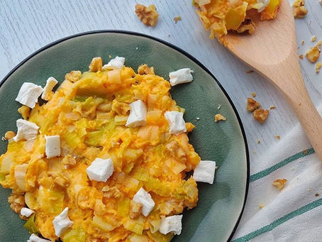 Zoete aardappelpuree met prei en geitenkaas