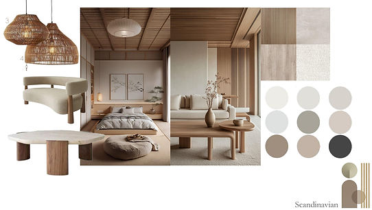 "Scandinavian living room with neutral palette, wooden flooring, and cozy textures."