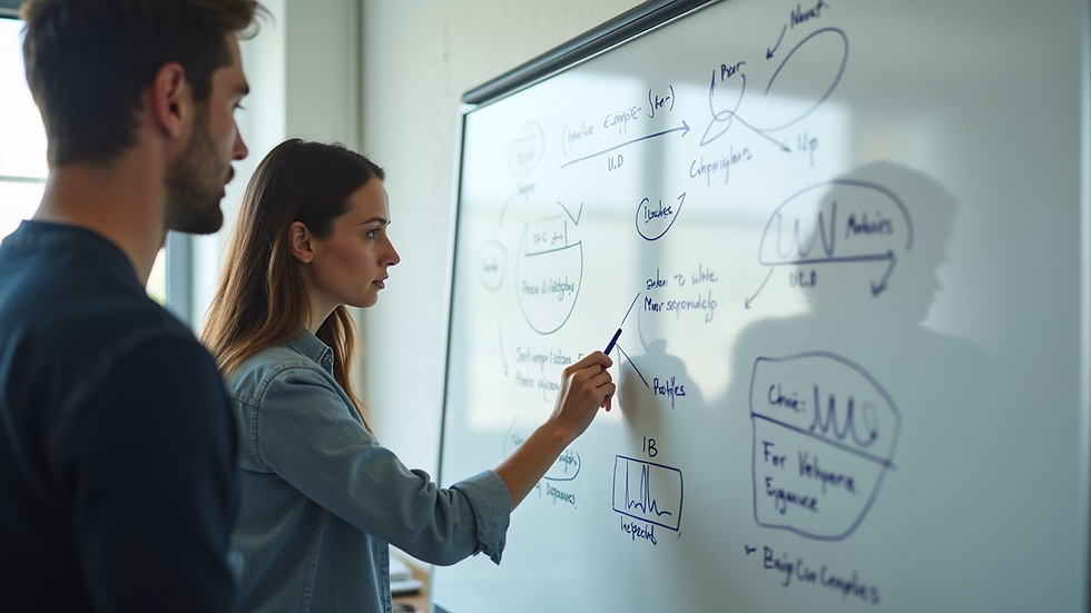 Close-up view of a tutor explaining IB concepts to a student using a whiteboard