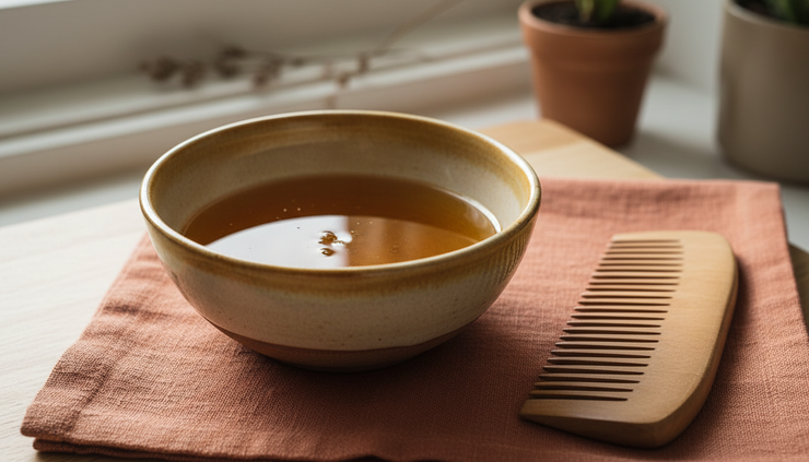 Close-up of a ceramic bowl with hair oil, a wooden comb, and a folded towel on linen.