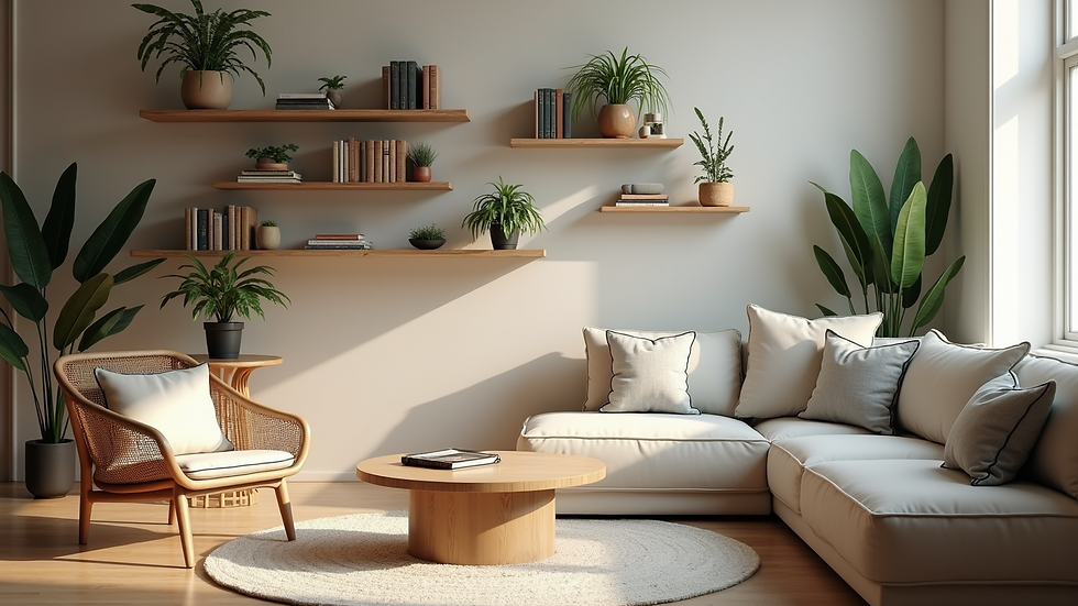 High angle view of floating shelves with books and plants in a cozy living room