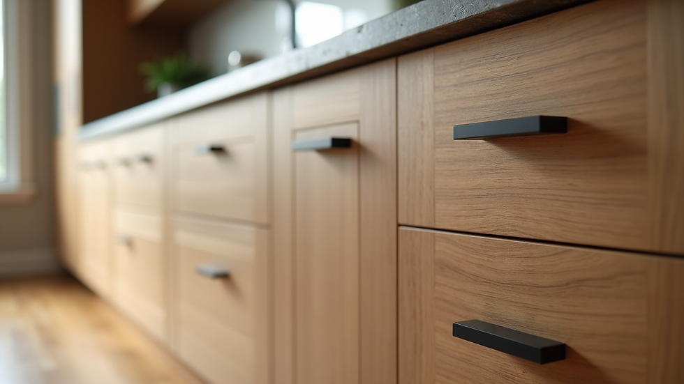Eye-level view of custom wooden kitchen cabinets with modern handles