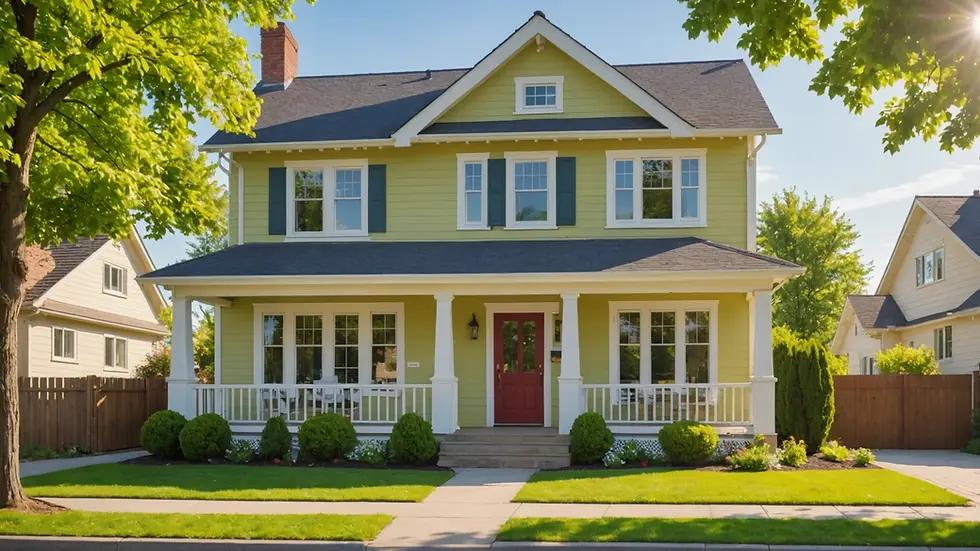 Eye-level view of a freshly painted home exterior in a sunny spring setting