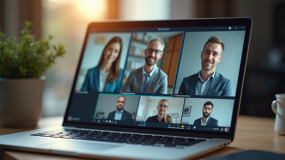 Close-up view of a laptop screen showing a virtual meeting with financial advisors