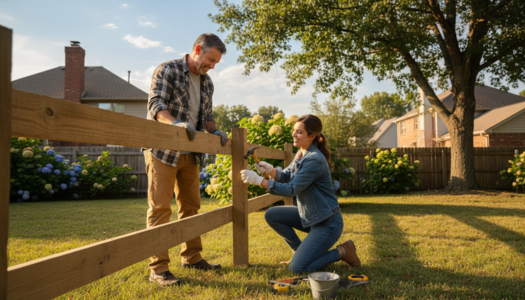 Wide-angle view of neighbors repairing a wooden fence together