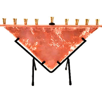 Triangle shaped Menorah w/Gold & Bronze Mica Flakes
Black Metal Stand, Gold metal candleholders
15"L x 9.50"H x 1.25"W