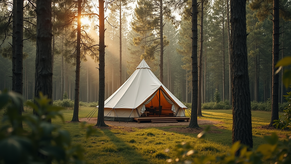 Wide angle view of a luxury glamping tent nestled in a serene forest