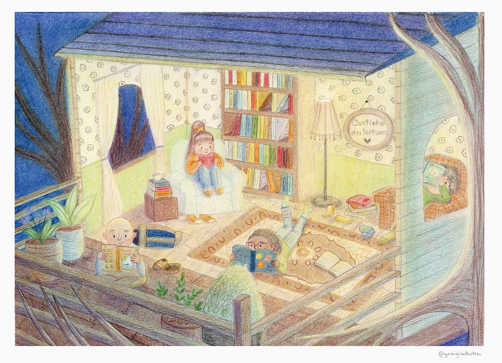 Crianças se divertindo lendo livros em cabana na árvore