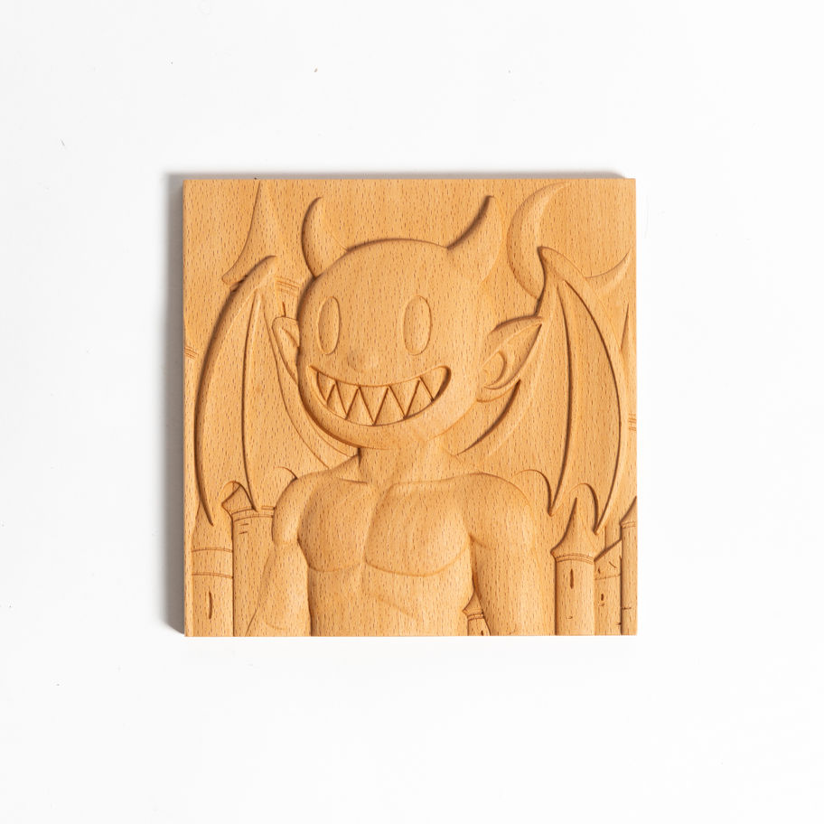 Front view of beech wood gargoyle wall art panel with gothic castle background, luxury collectible decor for modern interiors