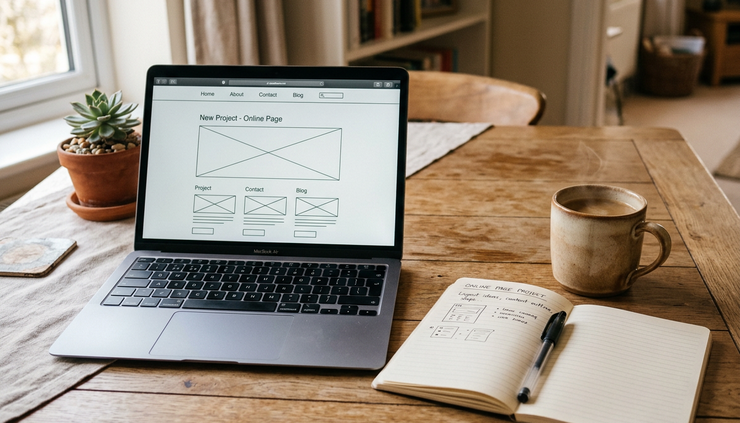 Eye-level view of a laptop and notebook on a kitchen table.