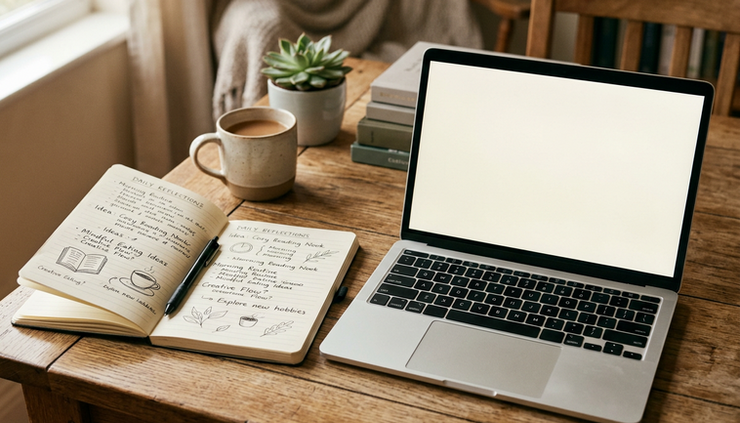 Close-up view of handwritten page ideas beside a blank laptop screen.