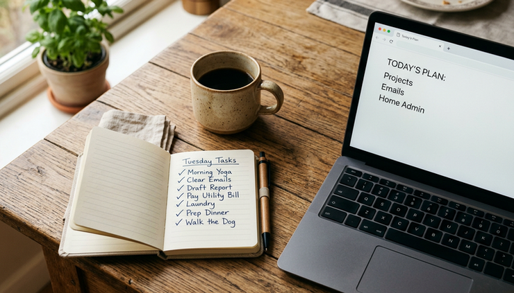 Overhead view of a small notebook with a finished checklist beside a laptop.