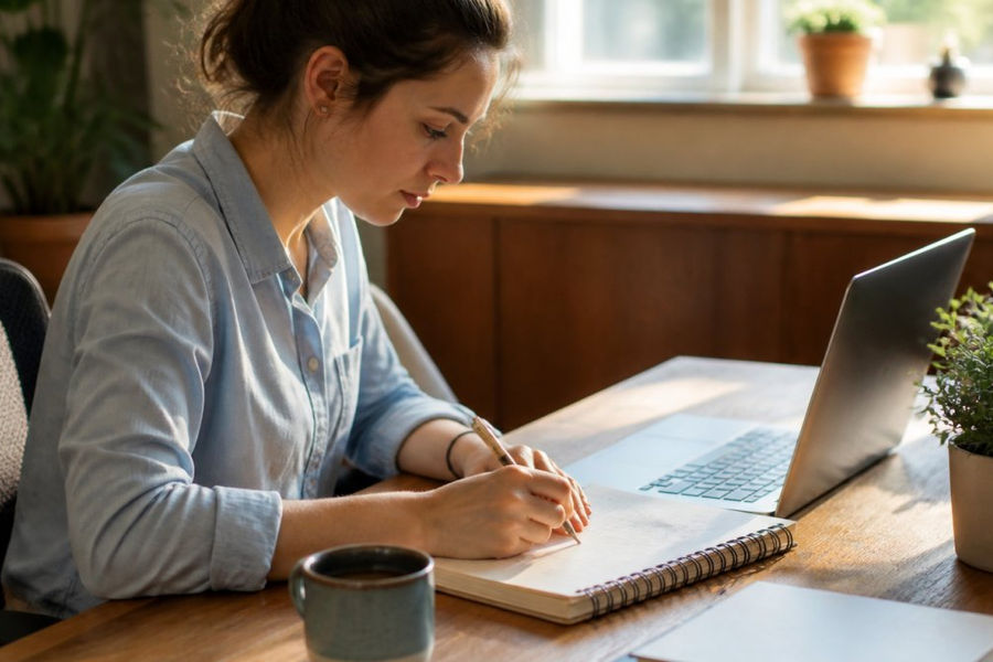 Person at a home office desk using AI tools to earn money while taking morning notes