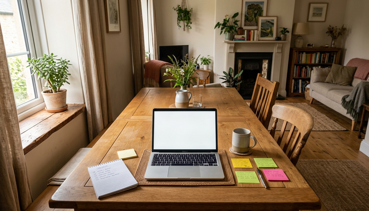 Wide-angle view of a dining room table with printed checklists and a laptop.