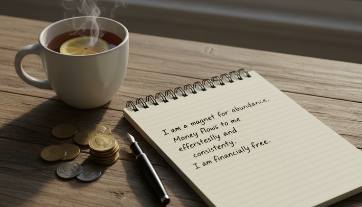 Close-up view of a handwritten money affirmation in a journal beside a cup of tea