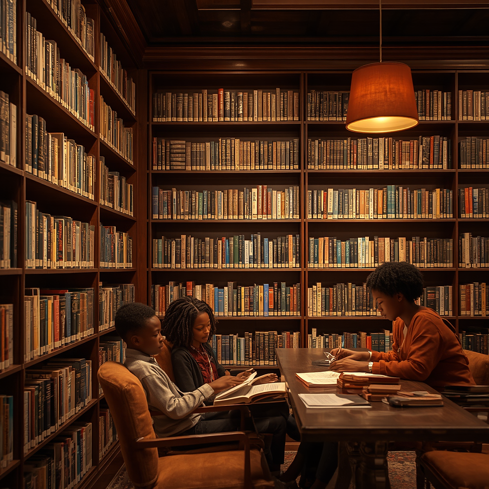 Beautiful Afrocentric community library, wooden bookshelves filled with books about Africa