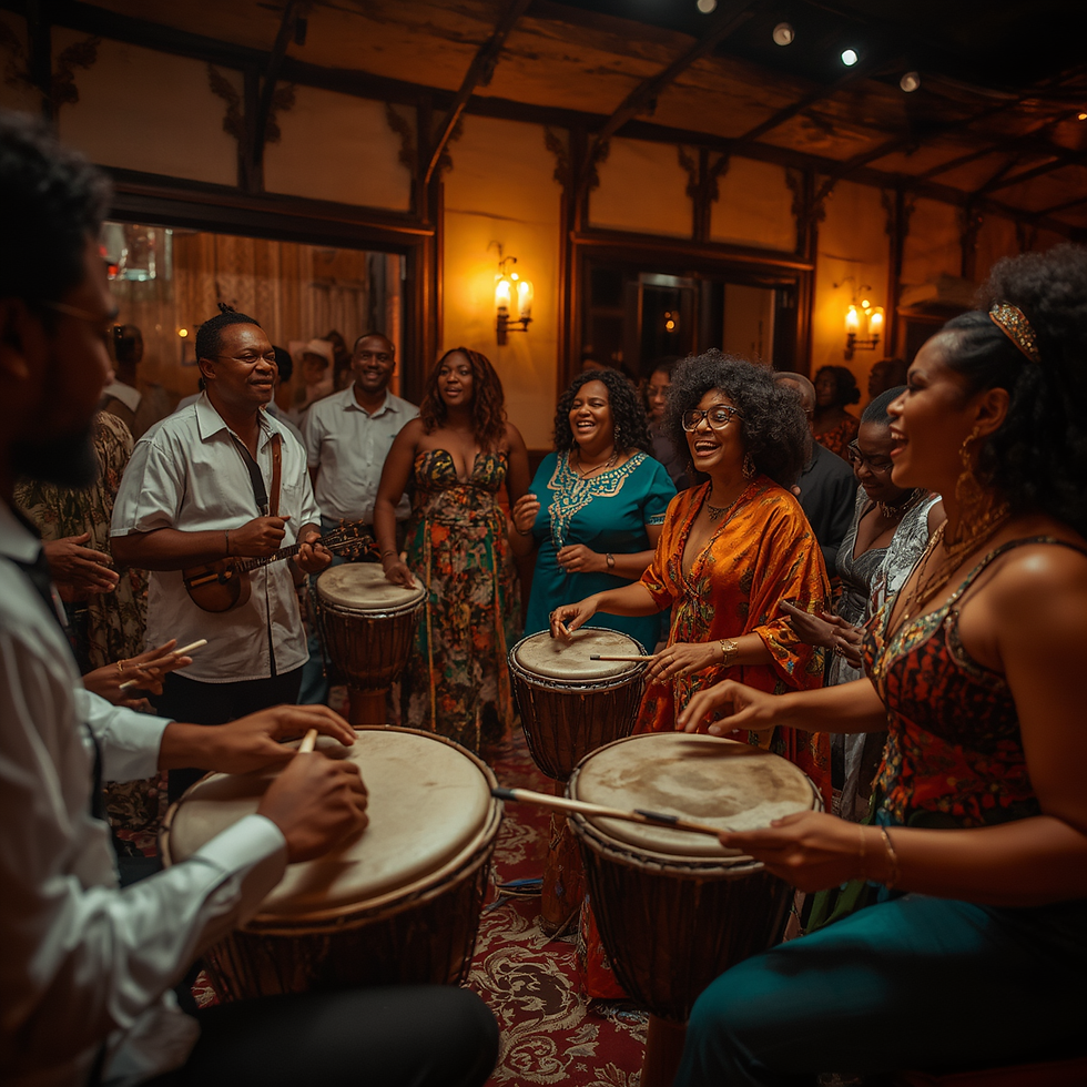 Traditional samba circle inside an elegant cultural center, musicians playing pandeiro and