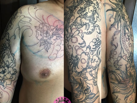 『唐獅子牡丹』筋彫り