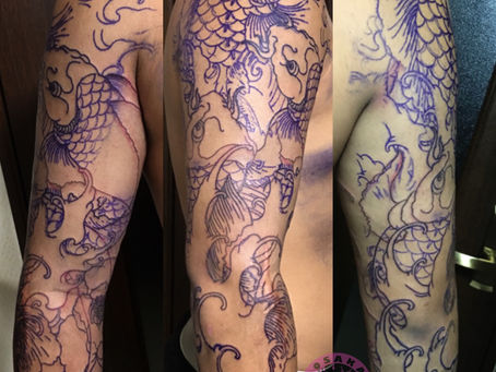 『鯉and椿』筋彫り