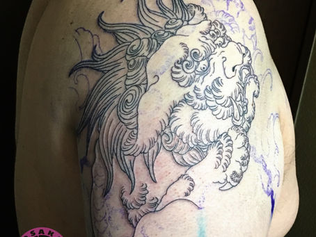 『唐獅子牡丹』筋彫り