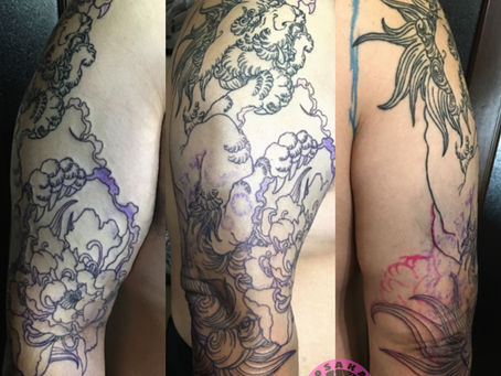 『唐獅子牡丹』筋彫り