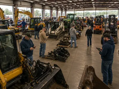 Bidders inspecting government and municipal surplus equipment at an indoor auction using Gavel white label auction software