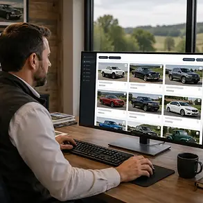 Online vehicle auction software showing car listings and photos on a dealer's desktop computer at home