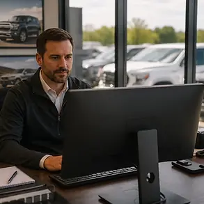 Marketplace vehicle auction software dealer managing a branded multi-seller marketplace from a desktop computer at a dealership overlooking the vehicle lot