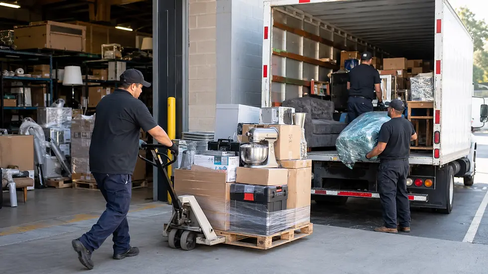 Warehouse staff loading palletized auction inventory onto a truck during scheduled pickup