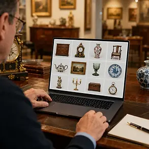 Antique auction software online bidding showing a dealer reviewing a catalog grid of clocks, vases, and furniture on a laptop