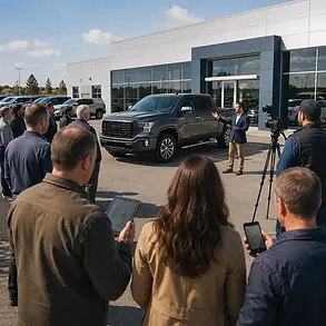 Hybrid vehicle auction software connecting on-site dealership bidders with remote buyers bidding on phones and tablets as an auctioneer presents a truck