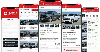 Vehicle auction software mobile app showing white label branding, real-time bidding on trucks and SUVs, current bids, outbid alerts, and VIN and mileage details across multiple devices