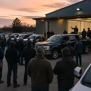 In-person vehicle auction software showing dealers and buyers gathered around a truck as an auctioneer calls bids at a dealership lot