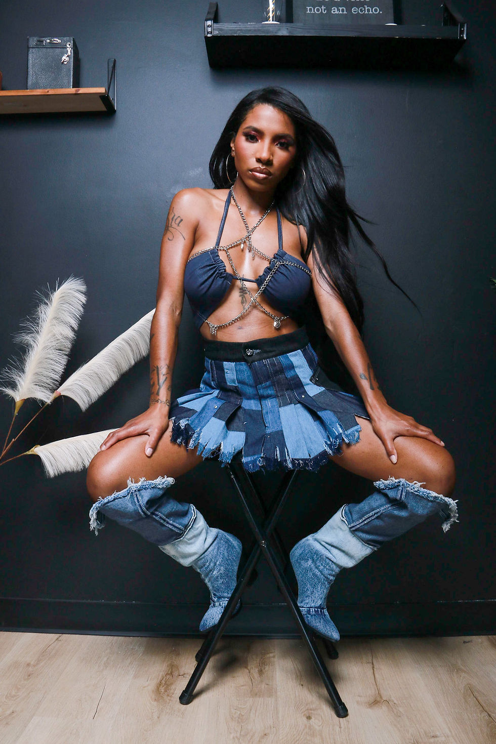 Model in NBD top and skirt