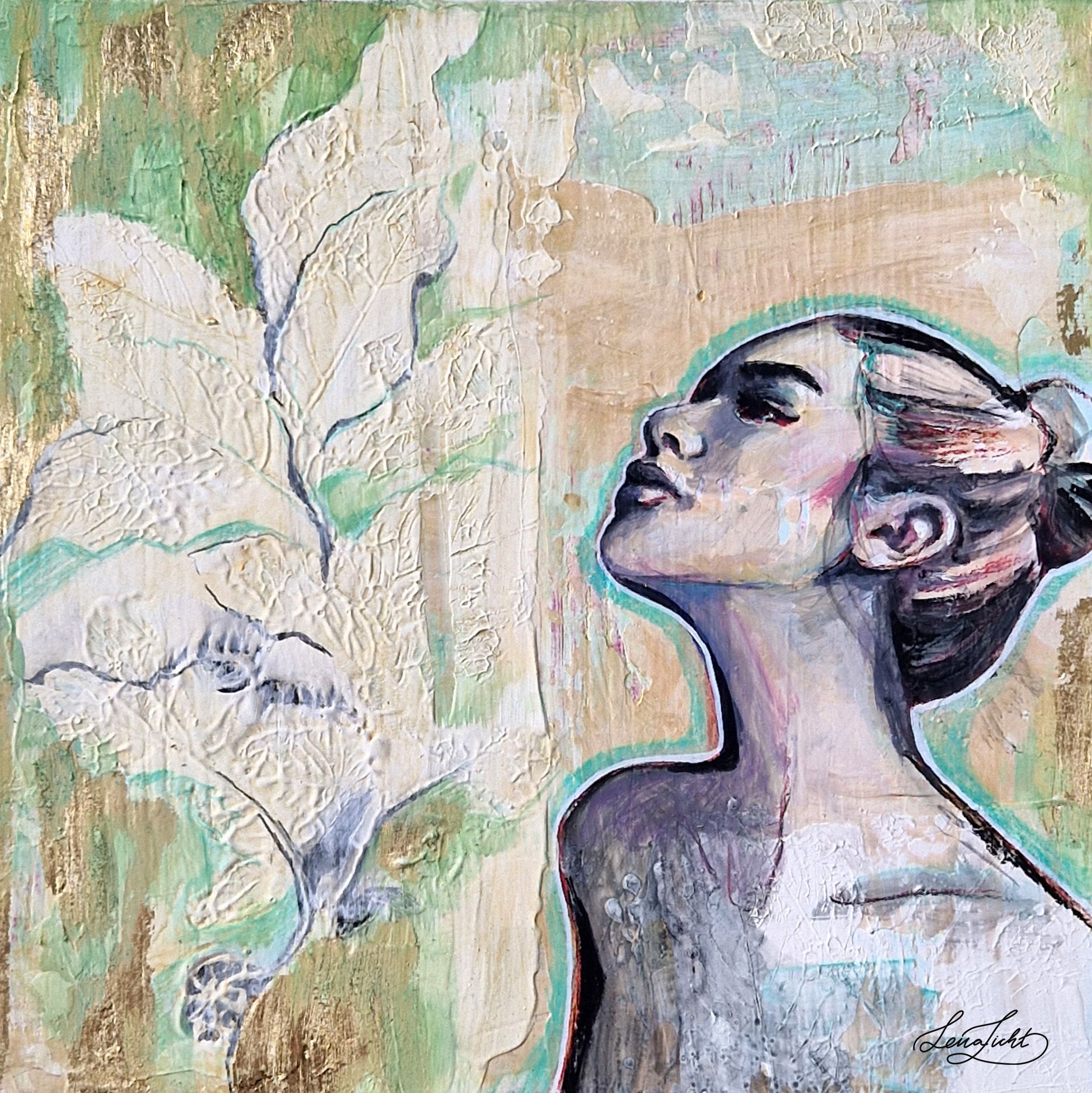 MINT (2024) – Frauenportrait in Mixed Media mit Blattgold, 25 × 25 cm