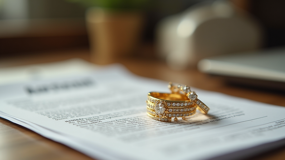 Close-up view of gold jewelry and appraisal documents on a table