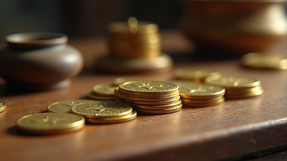 Close-up view of gold coins and antique items on a wooden table